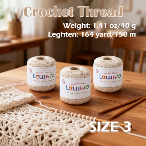 Size 3 Crochet Thread, 3 Pack Lace Yarn Ball 100% Cotton Natural - color: Natural