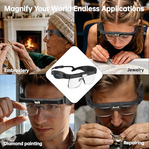 Magnifying Glasses with Light,0.75X-4.0X Magnifying Headset | Detachable 5 Lenses,3 LED Lights,Rechargeable Magnify Glasses, Hands Free Headband Magnifier for Close Work Hobby Crafts for Jewelry - color: Black