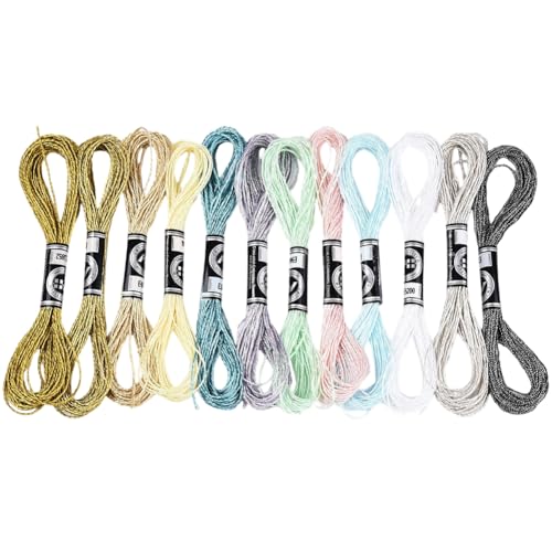 12 Skeins Metallic Hand Embroidery Floss Glitter Friendship Bracelet String Colorful Sparkly Polyester Cross Stitch Thread Bulk Set for Sewing Crafts Jewelry Bracelets Making DIY - color: Mixed Color