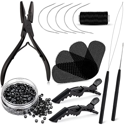 NEWISHTOOL Sew In Extension Kit, Hair Feathers Silicone Micro Beads Pliers - color: Black Set