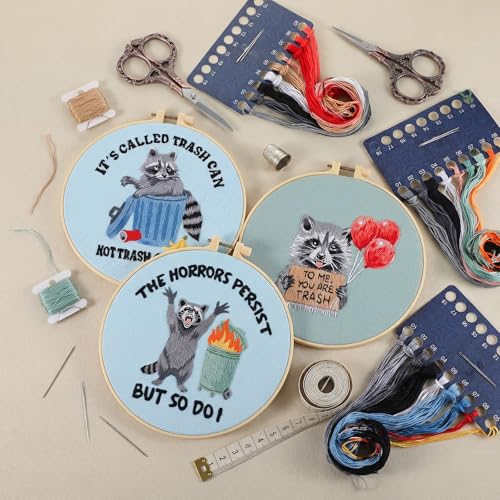 Mindsoft 3 Set Needlepoint Kit for Beginners with Hoop,Raccoon - style: Raccoon
