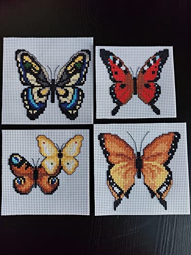 Counted Cross-Stitch Kit on Plastic Canvas with Butterflies. 4 Cute Ornaments Different Dimensions 117CS. 14 Count Plastic Canvas Sheets 8.27x11.02 Inches. Great for Embroidery & Needlework Amateurs - color: multicolored