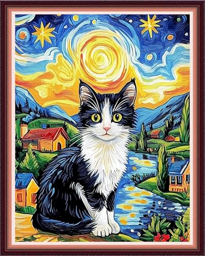Funxvoot Stamped Cross Stitch Kits for Beginners or Adults Embroidery Starter Patterns | DIY Printed Cross Stitch Kits Needlepoint for Adults or Kids 11CT-Starry Sky Cat 16x20 inch - color: color07