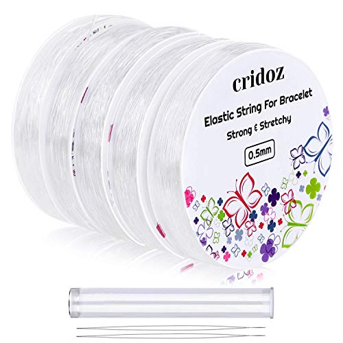 Stretchy String for Bracelets, Cridoz 5 Rolls Clear Elastic String Stretch Cord Jewelry Bead Bracelet String with 2 Pcs Beading Needles for Seed Beads, Pony Beads