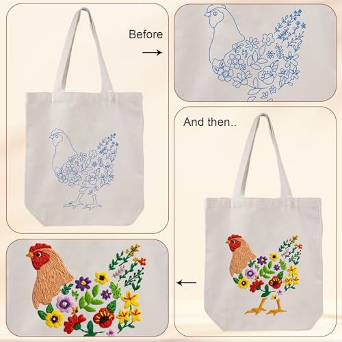 Louise Maelys Embroidery Kit, Canvas Tote Bag with Floral Hen Art Pattern - color: hen flowers