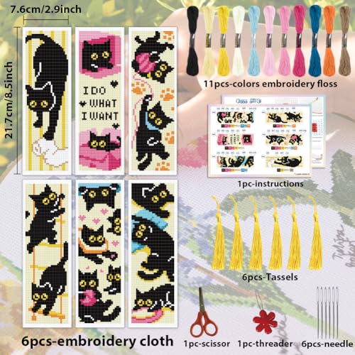 ACRNIGHEET 6PCS Cross Stitch Bookmark Kit for Beginner Stamped Cross Stitch Kits for Adults Naughty Black Cat DIY Tassel Embroidery Bookmark Kits Needlepoint Kit with Instructions Gift 8.5''x3'' 11CT - style: Cat Patterns