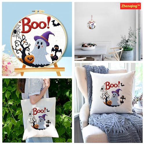 Zhenqing Halloween Ghost Embroidery Kit for Beginners, Cute Boo Needlework Kit with Pre-Printed Cotton Fabric, 20cm Hoop, Threads & Tools, Spooky DIY Wall Decor (C0117) - style: Halloween Ghost