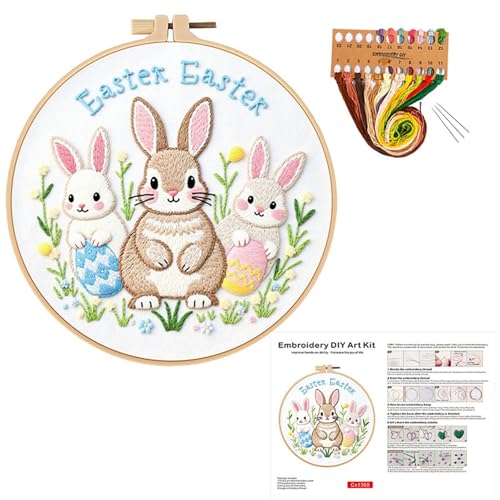 ELTONGUU Embroidery Kit for Beginners Adult, Rabbit Pattern Embroidery Kit Easter Themed Include Embroidery Cloth Hoops Threads, Cross Stitch Kits for Craft Lover Hand Stitch - color: 3 Rabbit