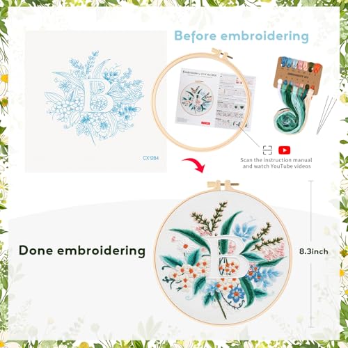 Zerzsy 7.87 '' Embroidery Kits Plant Flower Leaf English Letter Patterns for Beginners Adults, Easy to Learn Cross Stitch Kit for Home Office Decor - color: Letter B