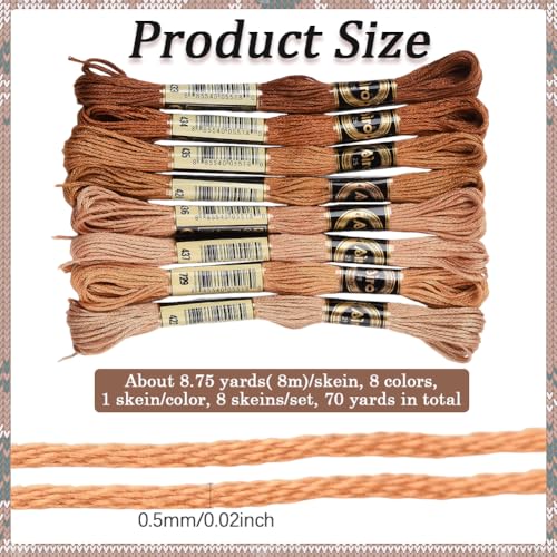 8 Skeins 6 Strands 70 Yards Gradient Brown Hand Embroidery Cross Stitch Floss Threads Yarn Friendship Bracelet String Polyester Thread for Making Sewing Clothing Jewelry Diy Needlework Craft - color: Brown, size: 70 Yards