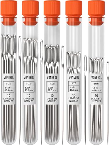 VONEEDL 50 PCS Large Eye Sturdy Hand Sewing Needles - Easy to Thread Embroidery Needles - Big Eye Cross Stitch, Quilting, Crewel, Darning, Crafting Needles