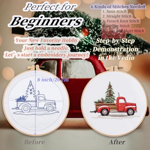 FONNUY Crewel Christmas Embroidery Kit for Beginners, Cross Stitch Set Winter Snow Scene Pine Owl Pattern for Adults, Easy to Follow Color Thread Needlework, 8'' Hoop (Trunk and Tree) - style: Trunk and Tree