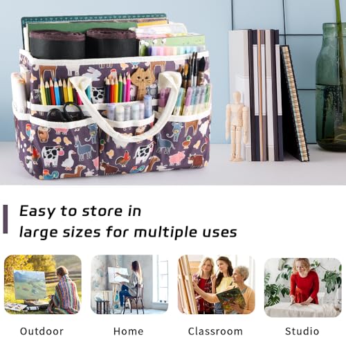 Craft Organizer Tote Bag with Multiple Pockets,Scrapbooking Art Storage - color: Purple animals