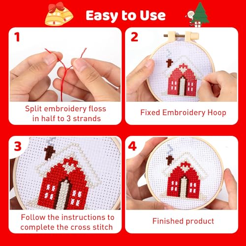 Pllieay 8PCS Christmas Cross Stitch Kit for Kids, Includes 8Pcs Christmas Patterns, 2Pcs Hoops and 14 Color Skeins, Fun & Easy Cross Stitch Kits for Beginners, Perfect for Crafts and Christmas Decor - style: Christmas