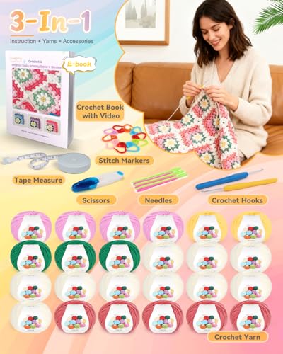 Coopay Crochet Kit for Beginners, Easy 3D Granny Square Blanket Kit, Pink - color: Pink- 3D Daisy