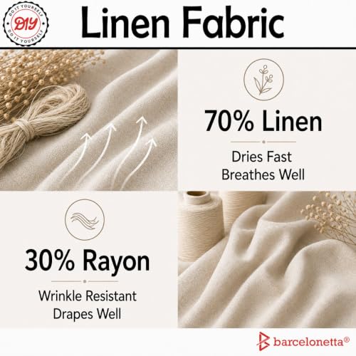 Barcelonetta | Linen Fabric | Natural Linen Cloth | Embroidery, Sewing | Soft, Breathable | 55" Wide | 70% Linen, 30% Rayon | Hemp, Jute, Needlework, Lining (Sand, 1 Yard) - color: Sand, size: 1 Yard