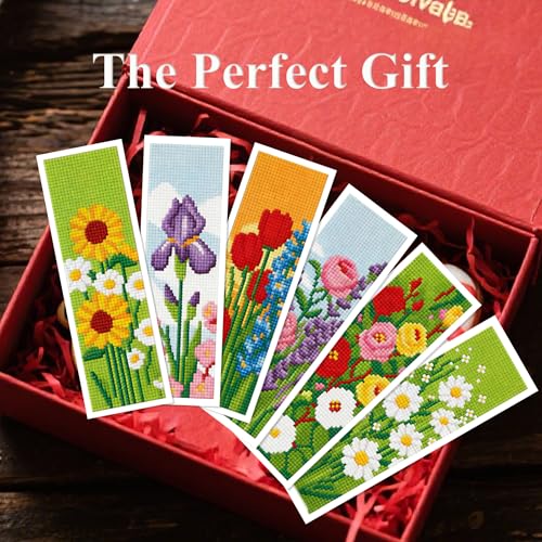 Zhenqing Floral Stamped Cross Stitch Bookmark Kit, 6 Garden Flower Designs on 11CT Fabric for Beginners, Book Lover Gift - color: 6 Garden Flower Bookmark