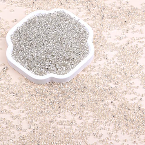 Legefo 4mm Glass Seed Beads Bulk, Clear Silver White 6/0 Small Mini Pony Seed Beads, Tiny Round Craft Bead for Bracelet Necklace Wrist Jewelry Making Beading Weaving DIY Crafts Supplies, 1000pcs - color: CLear Silver White