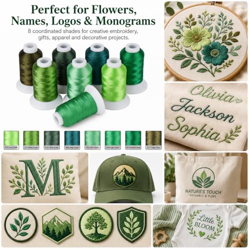 Simthread 8 Shades 550Yds Each 40WT Polyester Embroidery Thread Green Set - color: 550YGreenBrother