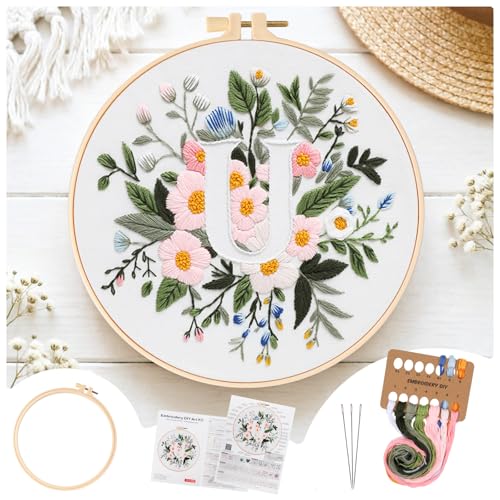 Zerzsy 7.87 '' Embroidery Kits Plant Flower Leaf English Letter Patterns for Beginners Adults, Easy to Learn Cross Stitch Kit for Home Office Decor - color: Letter U
