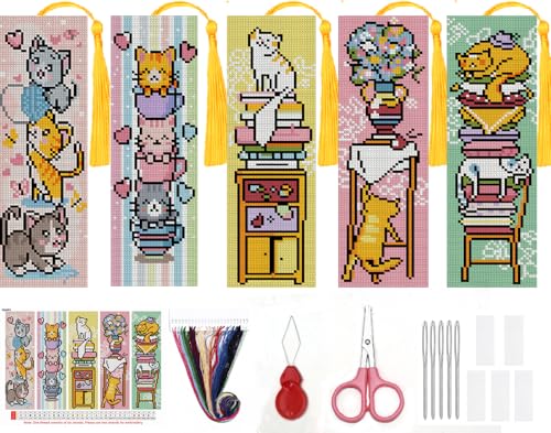 5pc Cat Bookshelf Stamped Cross Stitch Embroidery Kit for Adult Beginners - color: SQJ003-01