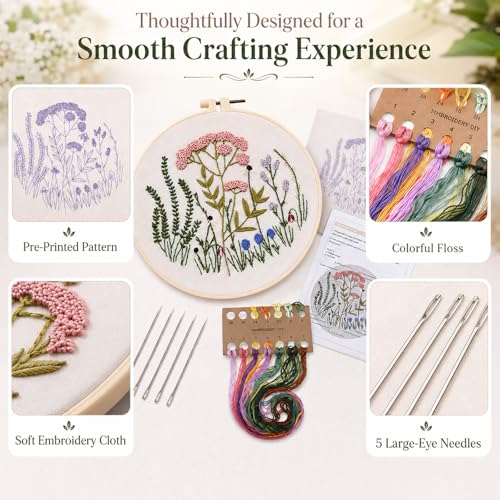 Drefund Embroidery Starter Kit for Beginners, Cross Stitch Kit Floral Pre-Stamped Pattern Kits for Adults with Hoop Embroidery Floss, Easy to Follow Needlework