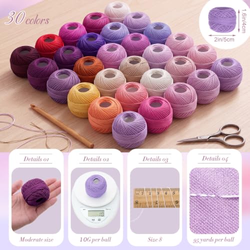 30 Pcs Size 8 Pearl Cotton Thread Balls 10 Grams, Berry Color - color: Berry Color