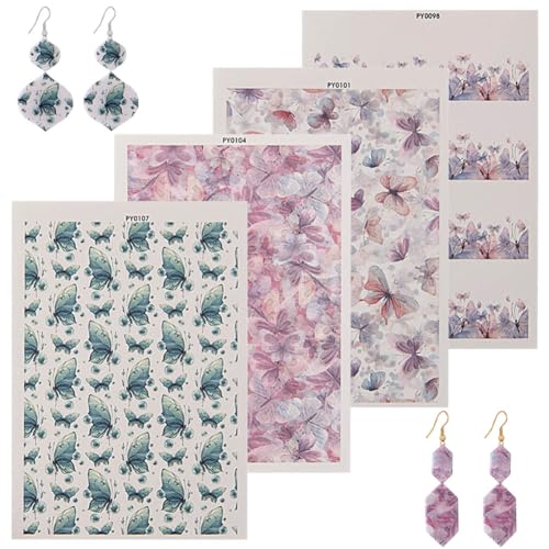 KABAKE Polymer Clay Transfer Paper 4 PCS Colorful Flowers Water Soluble Transfer Sheet for Earrings Jewelry Making - color: Watercolor Butterfly