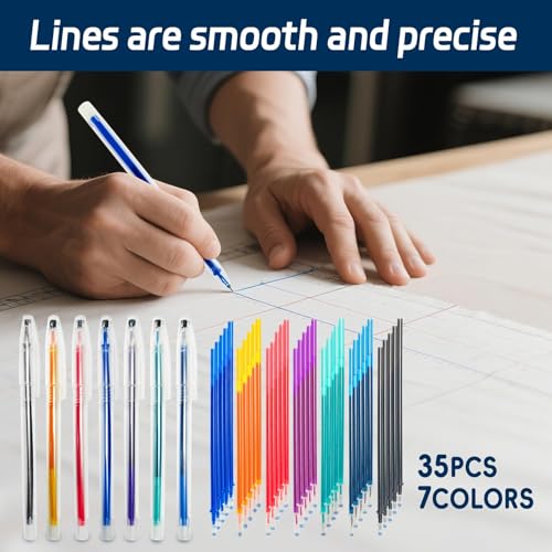 Jauisus 7 Pcs Heat Erasable Pens for Fabrics with 35 Refills, Fabric Marking Pens for Quilting Supplies DIY Embroidery Dressmaking Fabrics Tailors Chalk Pen(7 Colors, 35)