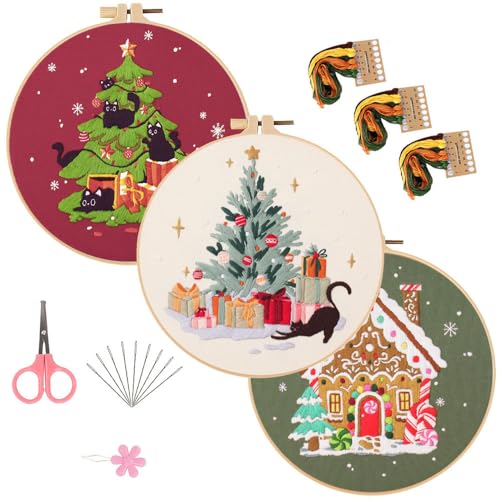 LB Christmas Embroidery Kit for Beginners Adults, 3 Sets Hand Embroidery Starter Kit with Black Cat Pattern and Instructions Stamped Cross Stitch Kits Include Embroidery Hoop Needles Threads Scissors - color: Red Black