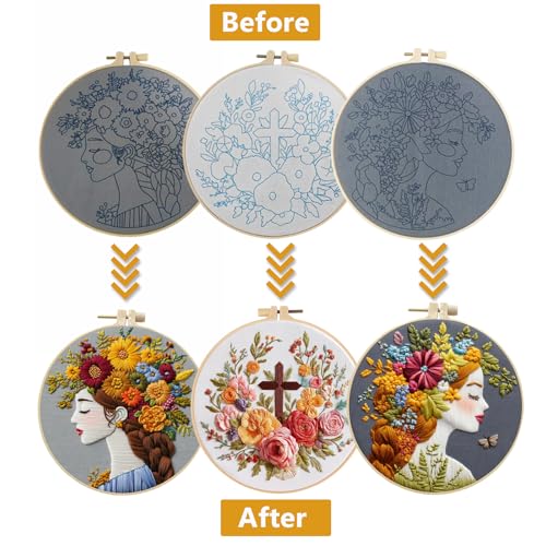 LYMIGER 3 Packs Embroidery Kit for Adults, Embroidery for Beginners (Girl) - color: Girl
