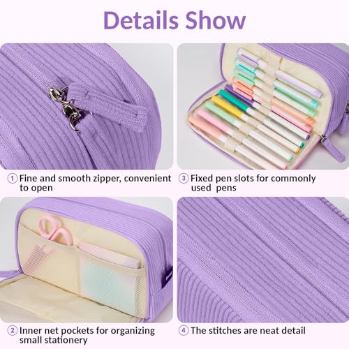 Sooez Big Capacity Pencil Case Pen Pouch, Soft Corduroy Pencil Bag - color: Purple