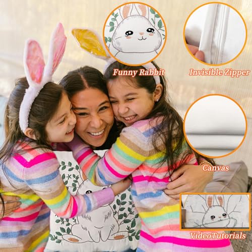 FONNUY Easter Throw Pillow Case Embroidery Kit, Eucalyptus Leaves Happy Rabbit Bunny Stamped Pattern Kits for Audlt Beginners, Hand Works Crafts Throw Pillow Cover, 18 x 18'' (Rabbit 01) - color: Rabbit 01