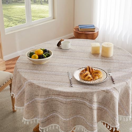 ZeeMart Hemstitched Striped Boho Table Cloth, 54 Inch Round Natural - color: Natural, size: 54" (Round)