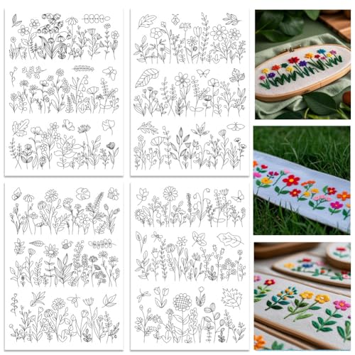 ORIGACH 4 Sheets 12 Pcs Water Soluble Embroidery Patterns Stabilizers - Pre-Printed Wildflowers & Flowering Shrubs Designs - Stick & Stitch Embroidery Paper for Hand Sewing Lovers - color: Wildflowers & Flowering Shrubs