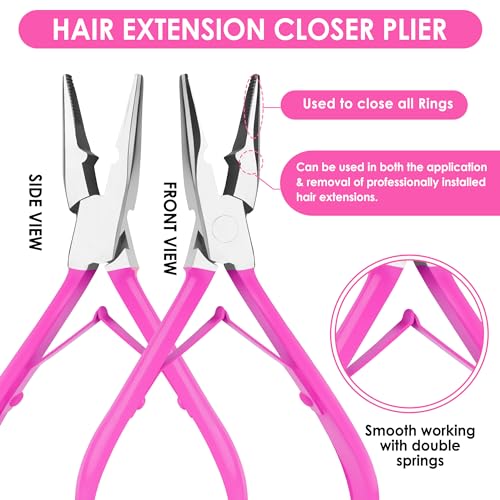 Beauty & Crafts Hair Extension Tools- Stainless Steel Pliers Set for Micro Beads- 1 Crochet Needle 1 Pulling Hook with Tail Comb- Micro Links Tool Kit with Leather Pouch- (Pink) - color: Pink