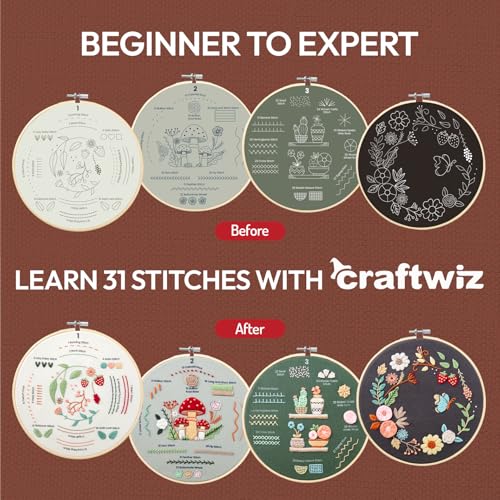 Craftwiz Embroidery Kit for Beginners, 4 Patterns, Learn 31 Stitches