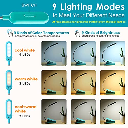 VAVOFO Clip On Rechargeable Reading Light, 7 LEDs with 3 Colortemperature 9 Brightness Levels Book Lights for Reading in Bed with Power Indicator for Bookworms (Blue 2-Pack) - color: Blue+Blue