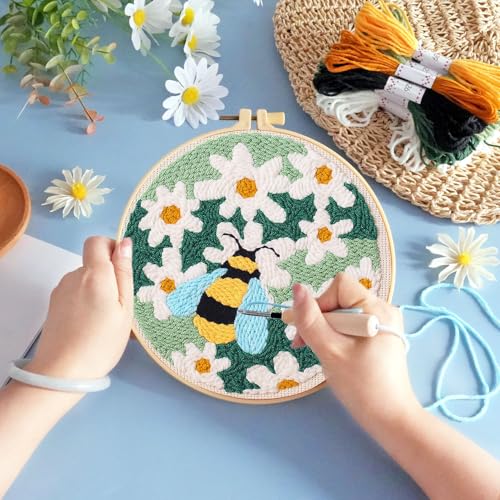 KESTAR Punch Needle Embroidery Starter Kits, Bee and Daisy Flower Punch Needle Kits for Adults Beginner, Needle Punch Kit Tool with Instruction Threader Fabric Yarns and Hoop - color: Yellow Bee