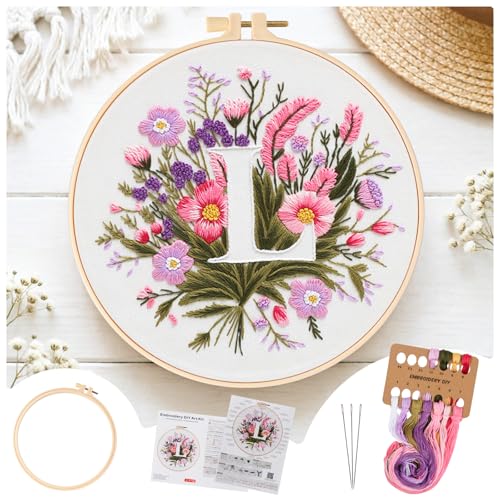 Zerzsy 7.87 '' Embroidery Kits Plant Flower Leaf English Letter Patterns for Beginners Adults, Easy to Learn Cross Stitch Kit for Home Office Decor - color: Letter L