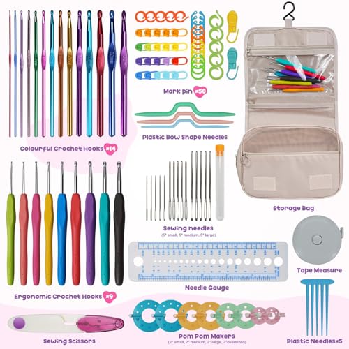 RealPlus 108PCS Crochet Kit for Beginners, 14 Sizes Crochet Hooks, Crochet Hook Set with Ergonomic Soft Handle, Gift for Women, Crochet Tool with Storage Bag - color: White