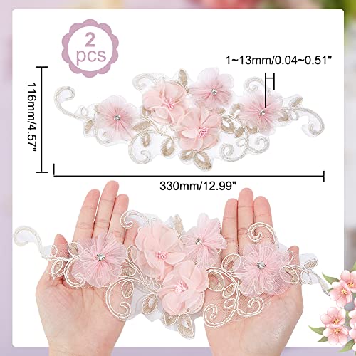NBEADS 2 Pcs 3D Flower Lace Applique with Rhinestone, Pink Flower Lace Patches Floral Embroidered Appliques Ornaments Sew on Patches for DIY Clothing Wedding Dressing Decoration - color: Pink Flowers with Rhinestone-2 Pcs