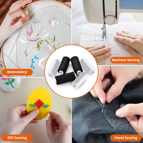 6 Pcs Sewing Thread Kit, 400 Yards Each Spool 402 Polyester Thread with Sewing Needle & Threader, Sewing Threads for Sewing Machine, Hand Stitching, Embroidery - color: 3black+3white