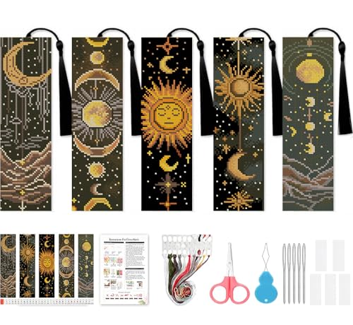 VIGEGU 5 Pack Sun Moon Stars Cross Stitch Bookmark Kits for Adult Beginners - color: Sun Moon Cross Stitch Bookmark