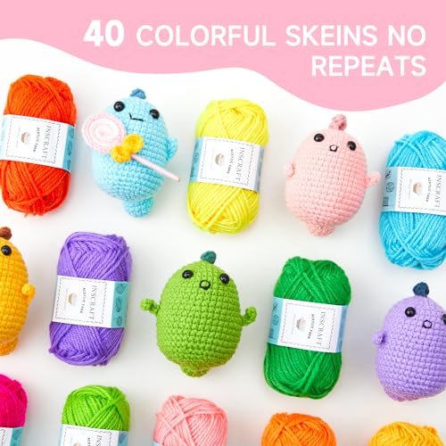 INSCRAFT 48 PCS Crochet Yarn Kit, 1400 Yards 40 Colors Acrylic Yarn Skeins, 2 Crochet Hooks, 2 Weaving Needles, 4 Stitch Markers, 1 Bag, for Crocheting & Knitting, Gift for Beginners and Adults - size: 48 Pieces with Bag