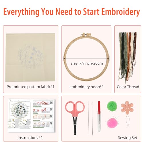 Beginner Flower Embroidery Kit for Adults, Pre-Printed with Video Tutorial - color: flower
