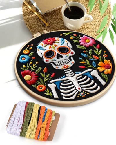 TINDTOP Embroidery Kit for Adult Beginners, Embroidery DIY Starter Kit, with Stamped Patterns, Hoop, Tools, Colorful Threads with Needles, Instructions (Skeleton C) - color: Skeleton C