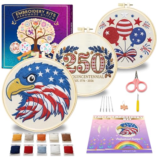 Huacan Embroidery Kit for Adults Beginners with 3 Hoops & Gift Box - color: US 250th Anniversary