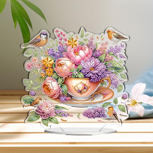 POETRYDRAW Diamond Art Ornament Desktop Kit Cup Flower, Stand Up Diamonds Painting Ornament for Adults, 5D DIY Special Diamond Gem Craft Tabletop Placement Board Kit - color: Cup Flower