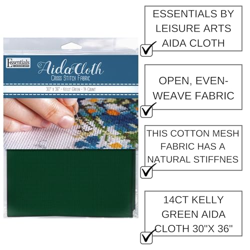 Essentials By Leisure Arts Aida Cloth, 14 Count, Kelly Green Cross Stitch Fabric, Embroidery Fabric, Cross Stitch Supplies for Crafting, Stitching, and Sewing Projects 30X36